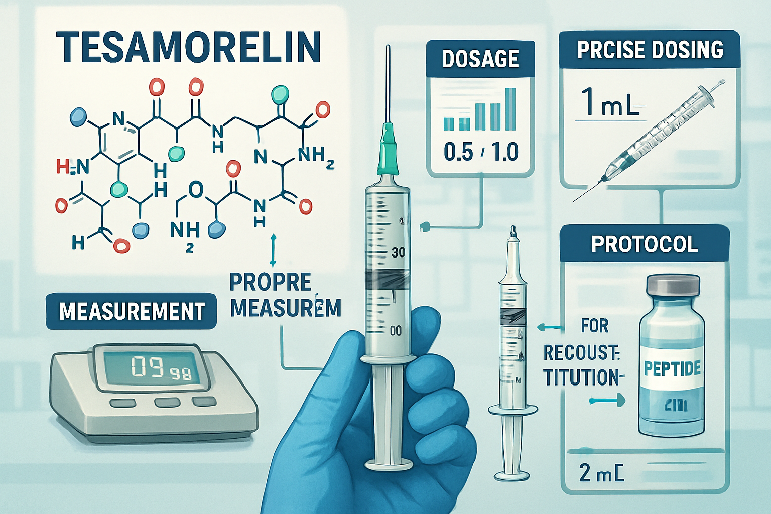 Scientific infographic showing tesa molecular structure with dosage measurement tools including precision syringes, measurement scale