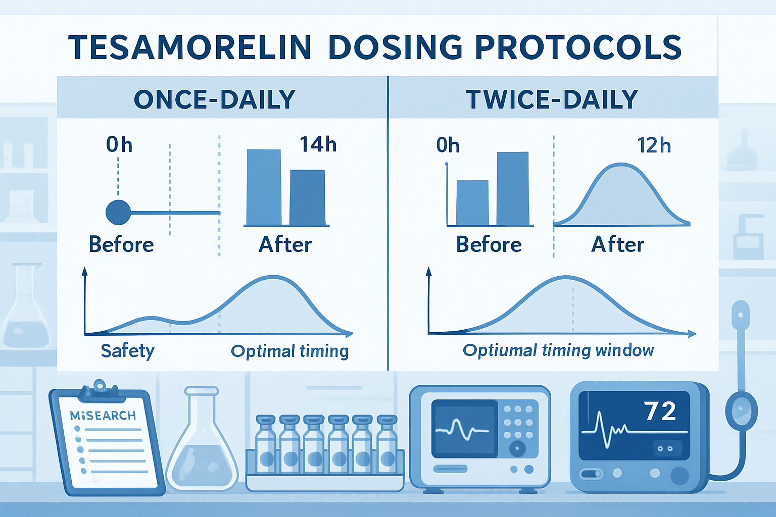 Split-screen comparison chart showing different tesa dosing protocols with timeline graphics, before/after research data visualizatio