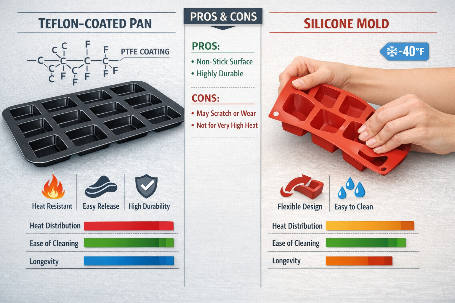 Landscape format (1536x1024) split-screen comparison infographic: left side shows Teflon-coated financier pan with molecular structure diagr