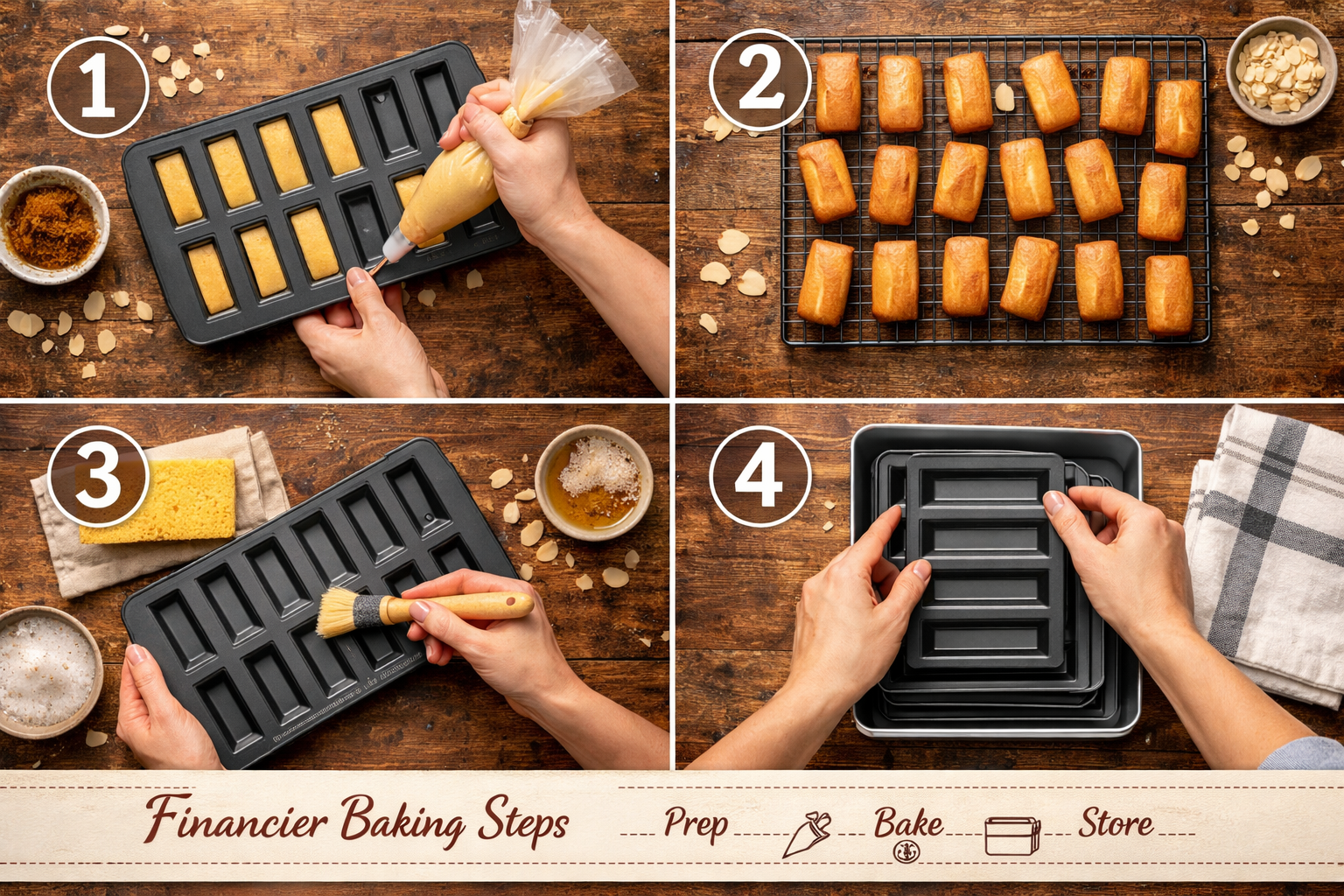 Landscape format (1536x1024) overhead flat lay composition showing complete financier baking workflow: financier pan being filled with golde