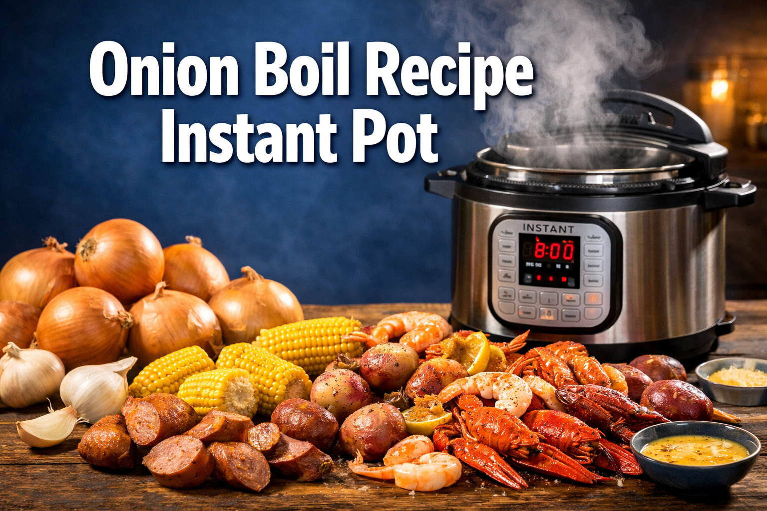 Professional landscape hero image (1536x1024) featuring bold text overlay 'Onion Boil Recipe Instant Pot' in extra large 72pt white sans-ser