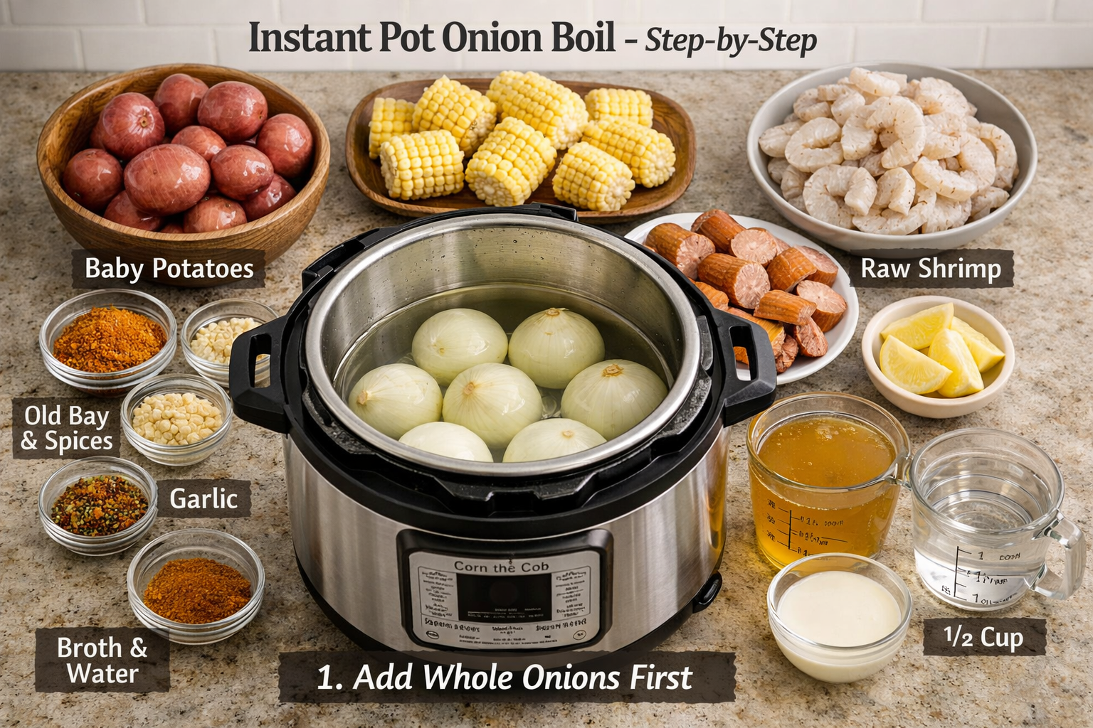 Detailed step-by-step visual showing Instant Pot onion boil preparation with ingredients laid out systematically - whole onions, corn cobs, 