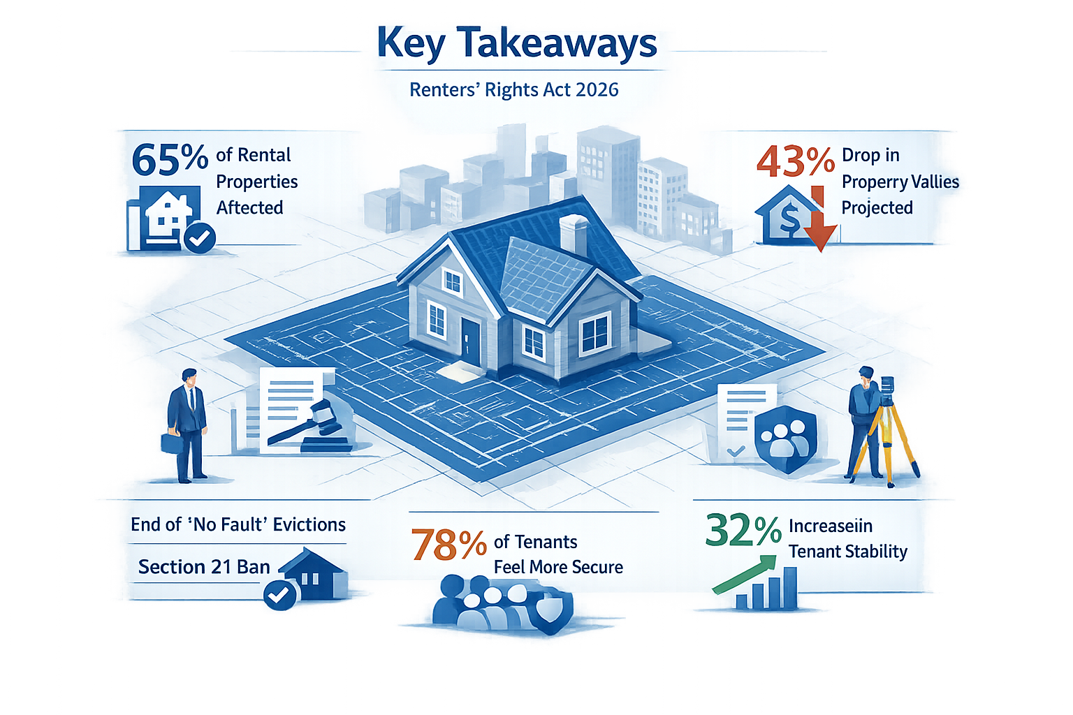 Infographic-style landscape visual for 'Key Takeaways' section, featuring a central isometric blueprint of a rental property