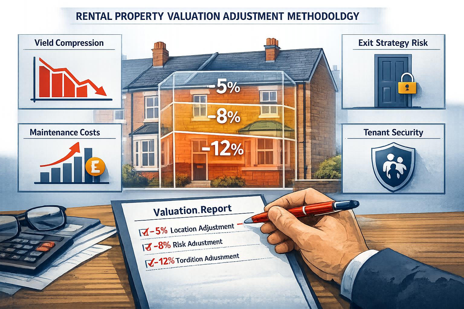 Wide () detailed illustration showing rental property valuation adjustment methodology. Central image of UK terraced house
