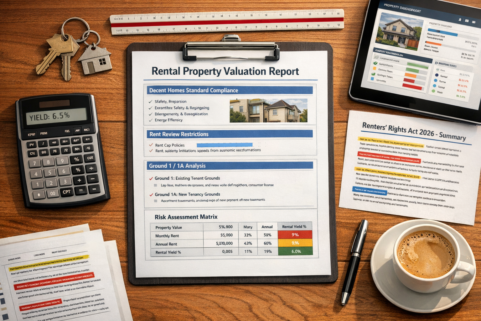 Comprehensive () strategic planning visual showing surveyor's desk from above (flat lay perspective). Central focus on