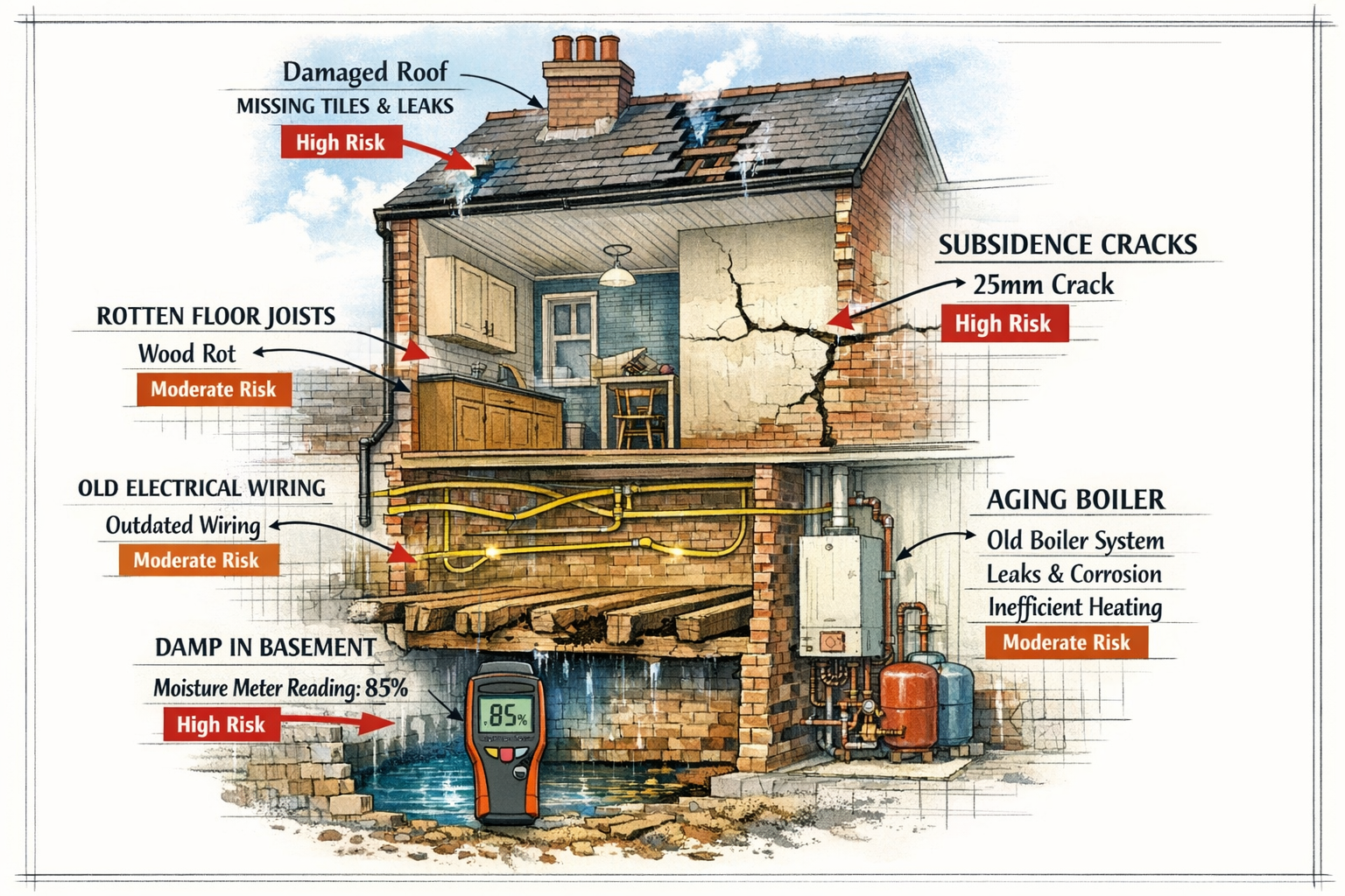 () detailed cutaway illustration of Victorian terraced house showing common structural issues surveyors identify: damp