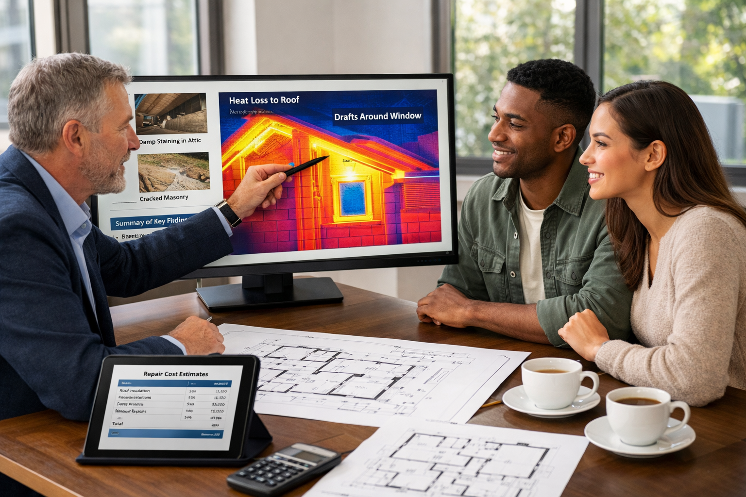 Professional () scene showing modern surveyor consultation with young first-time buyer couple in bright contemporary office