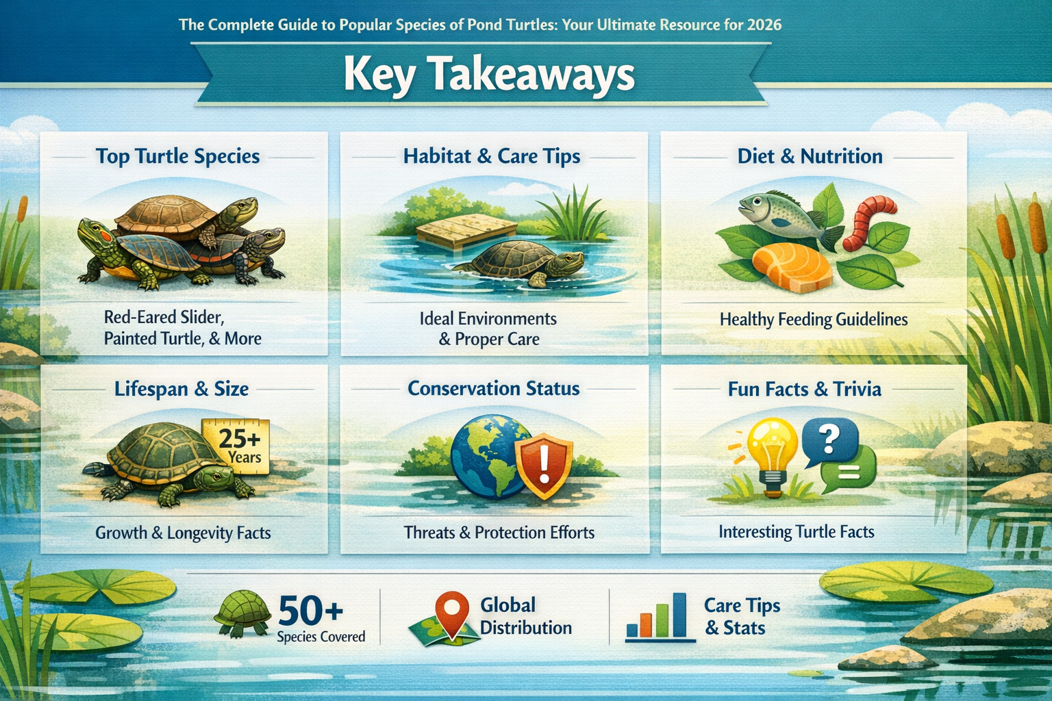 Professional landscape infographic (1536x1024) for article "The Complete Guide to Popular Species of Pond Turtles: Your Ultimate Resource fo