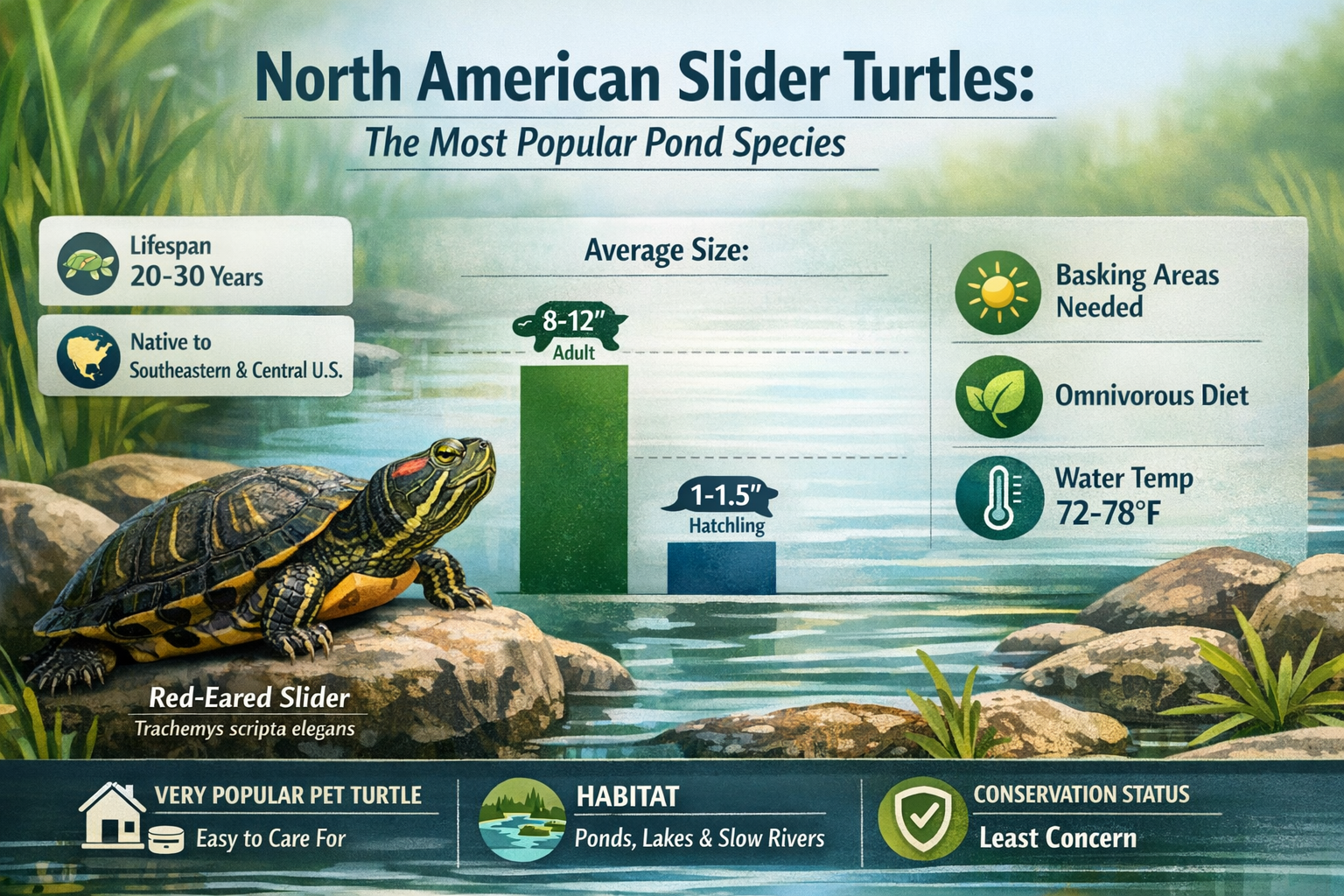 Professional landscape infographic (1536x1024) for article "The Complete Guide to Popular Species of Pond Turtles: Your Ultimate Resource fo