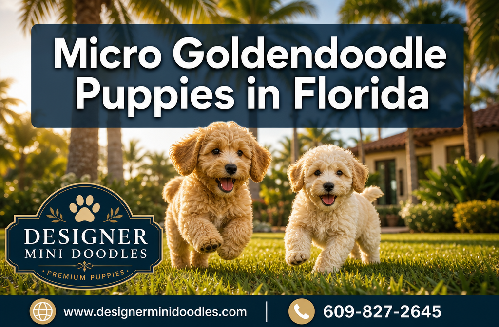 Professional () hero image featuring 'Micro Goldendoodle Puppies in Florida' in extra large white with soft dark , centered