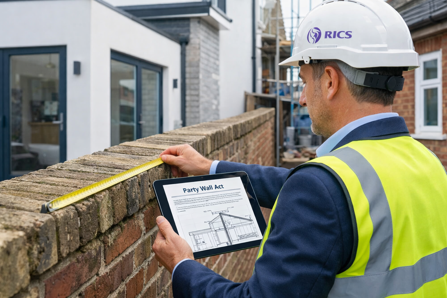 Detailed () editorial image showing close-up of professional RICS-accredited surveyor in business attire and safety vest