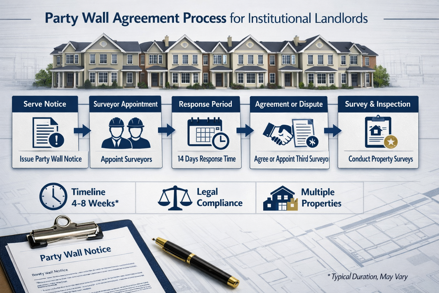 () professional infographic-style image displaying flowchart diagram of party wall agreement process for institutional
