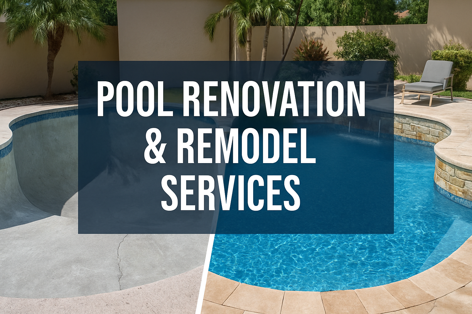 Professional landscape hero image (1536x1024) featuring bold text overlay 'Pool Renovation & Remodel Services' in extra large 72pt white san