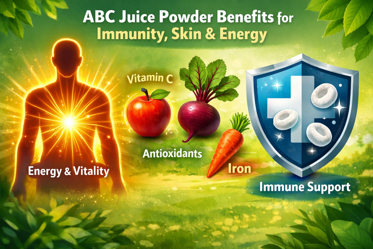 A vibrant, detailed landscape format (1536x1024) image illustrating the multifaceted benefits of ABC Juice Powder for immunity and energy. T