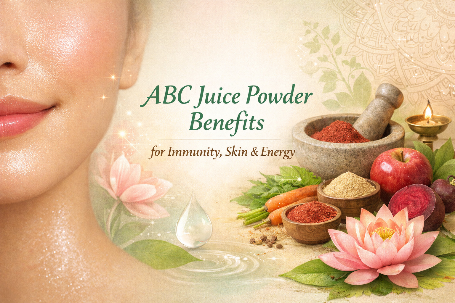 A beautiful, serene landscape format (1536x1024) image focusing on the skin benefits and traditional wisdom of ABC Juice Powder. The left si