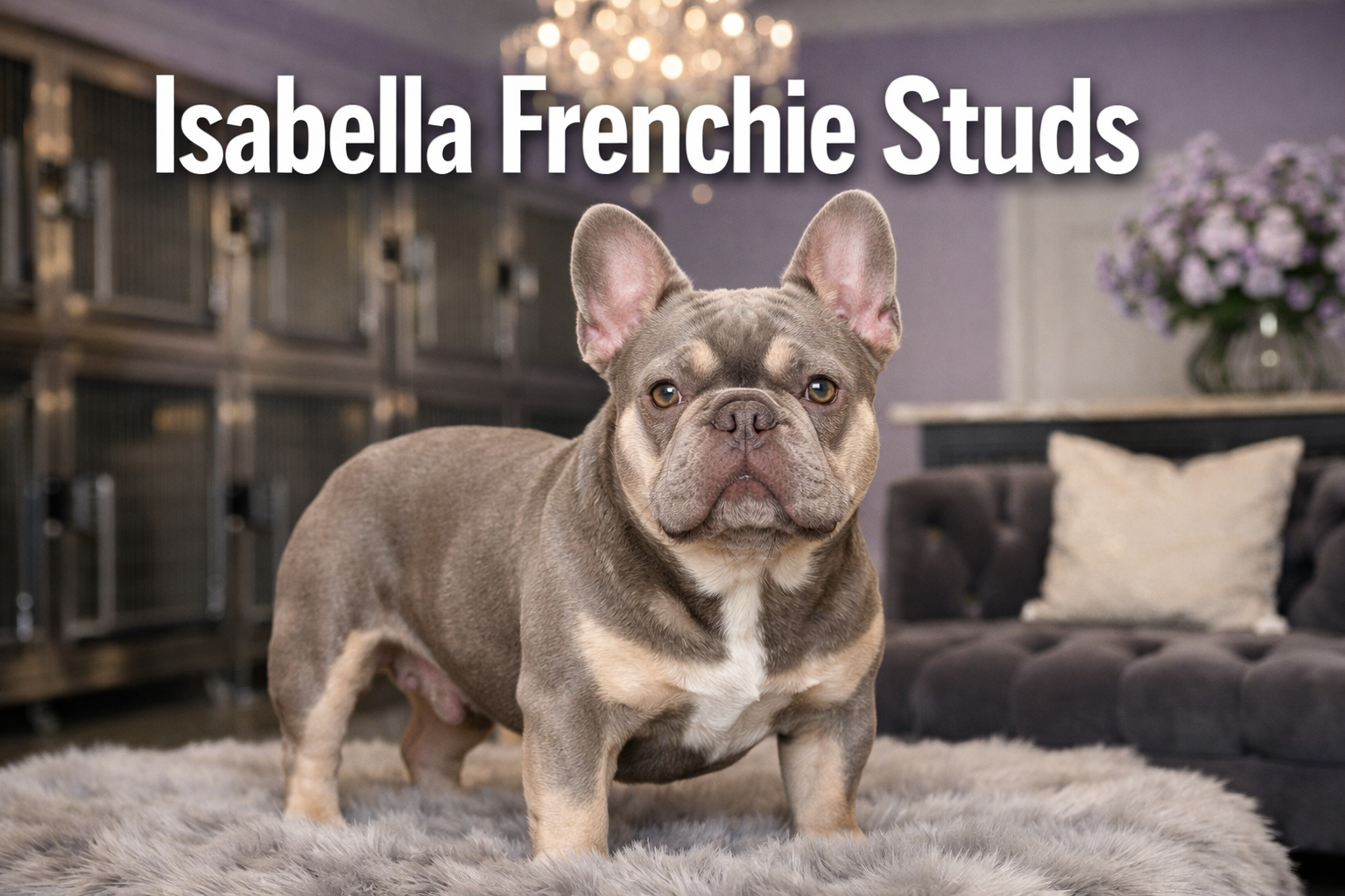 Professional landscape format (1536x1024) hero image featuring bold text overlay 'Isabella Frenchie Studs' in extra large 72pt white sans-se