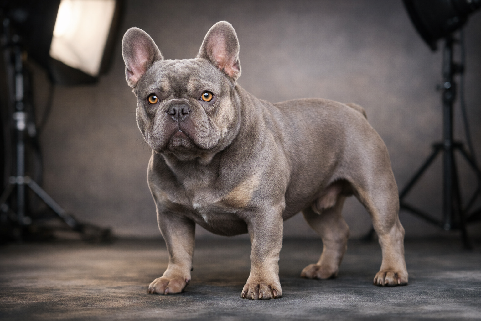 Detailed landscape format (1536x1024) image showing close-up of Isabella French Bulldog stud displaying characteristic dilute coat coloring