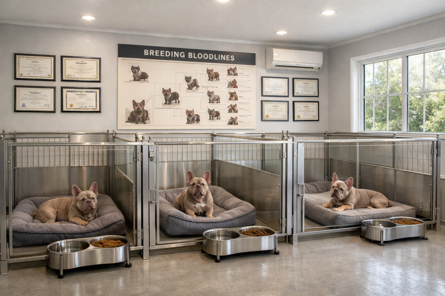 Professional breeding facility interior showing multiple Isabella French Bulldog studs in spacious, clean kennels with modern amenities, hea