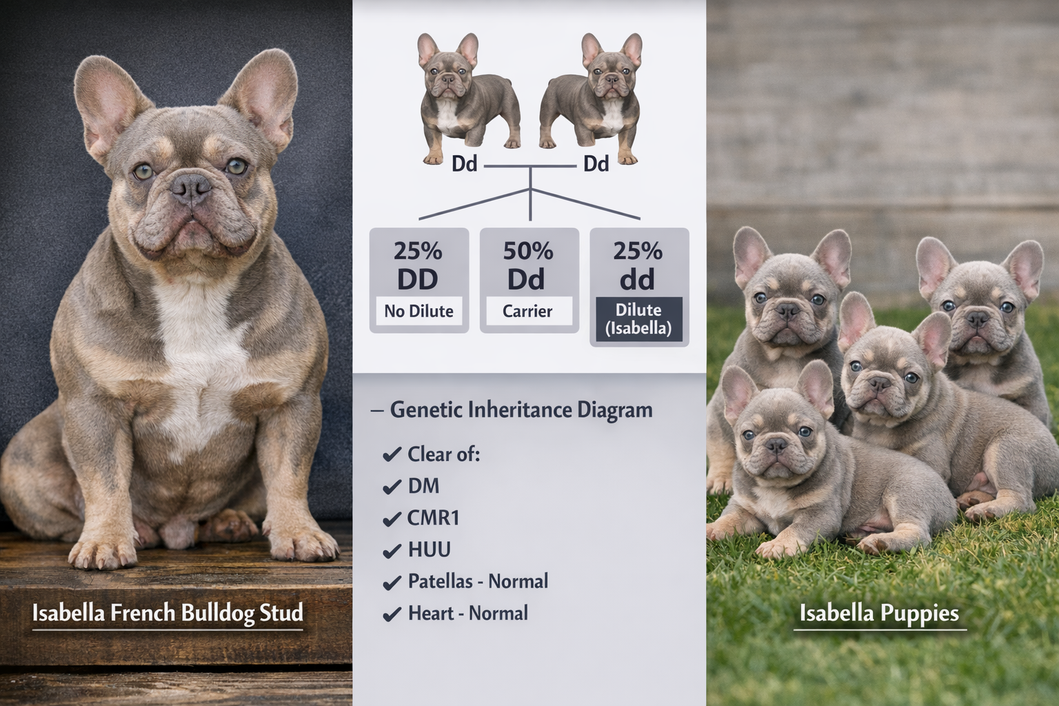 Split-screen comparison showing Isabella French Bulldog stud alongside puppies displaying inherited traits, coat color consistency, structur
