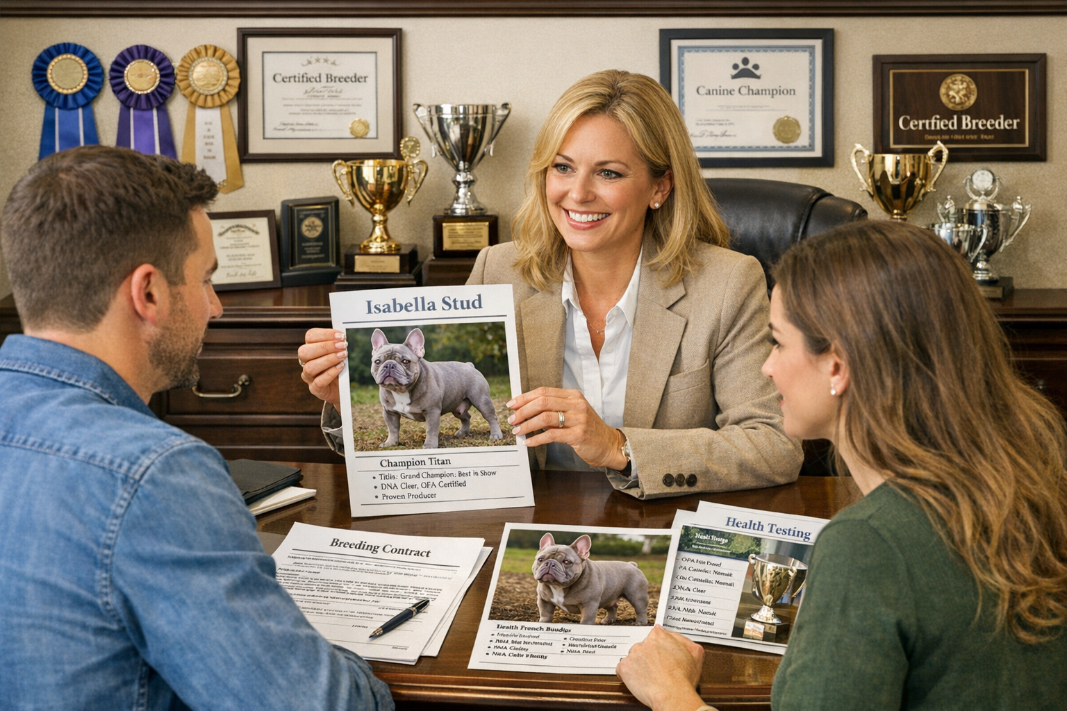 Elegant breeding consultation scene showing professional breeder discussing Isabella stud selection with clients, breeding contracts on tabl