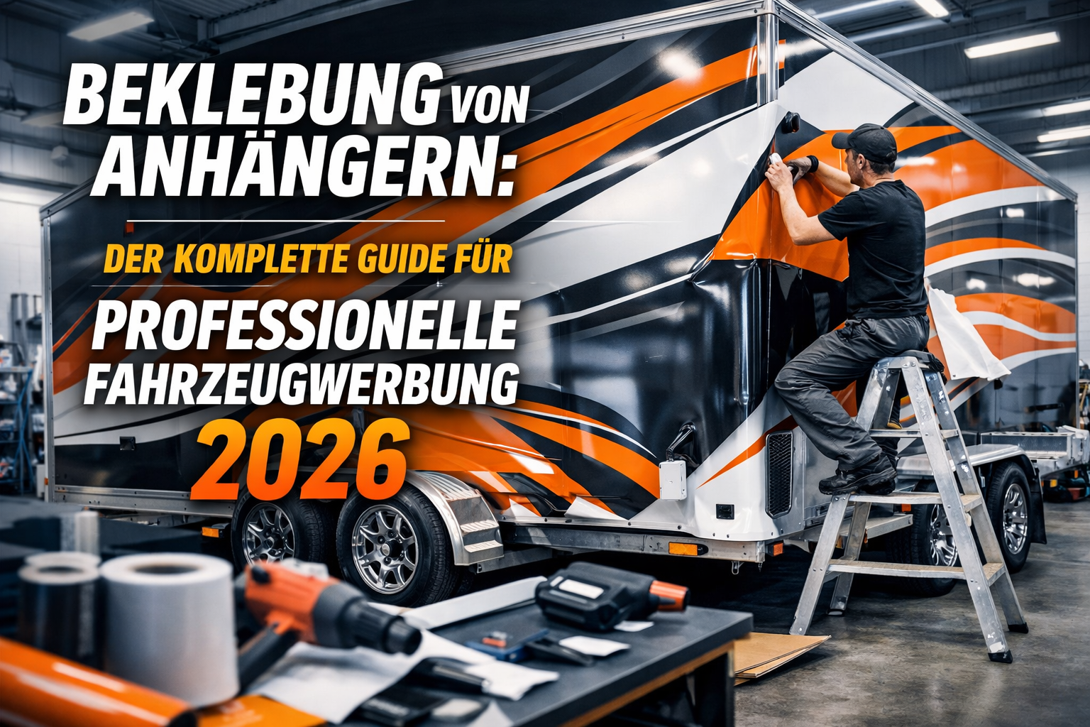 Professional hero image with bold text overlay: "Beklebung von Anhängern: Der komplette Guide für professionelle Fahrzeugwerbung 2026". Mode