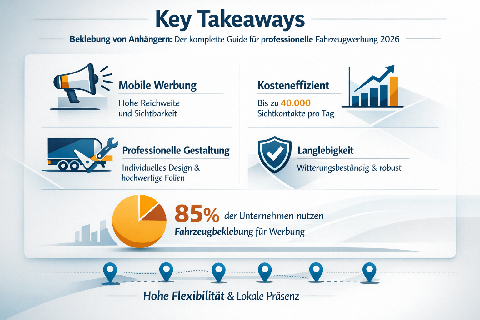 Professional infographic for article "Beklebung von Anhängern: Der komplette Guide für professionelle Fahrzeugwerbung 2026", section: "Key T