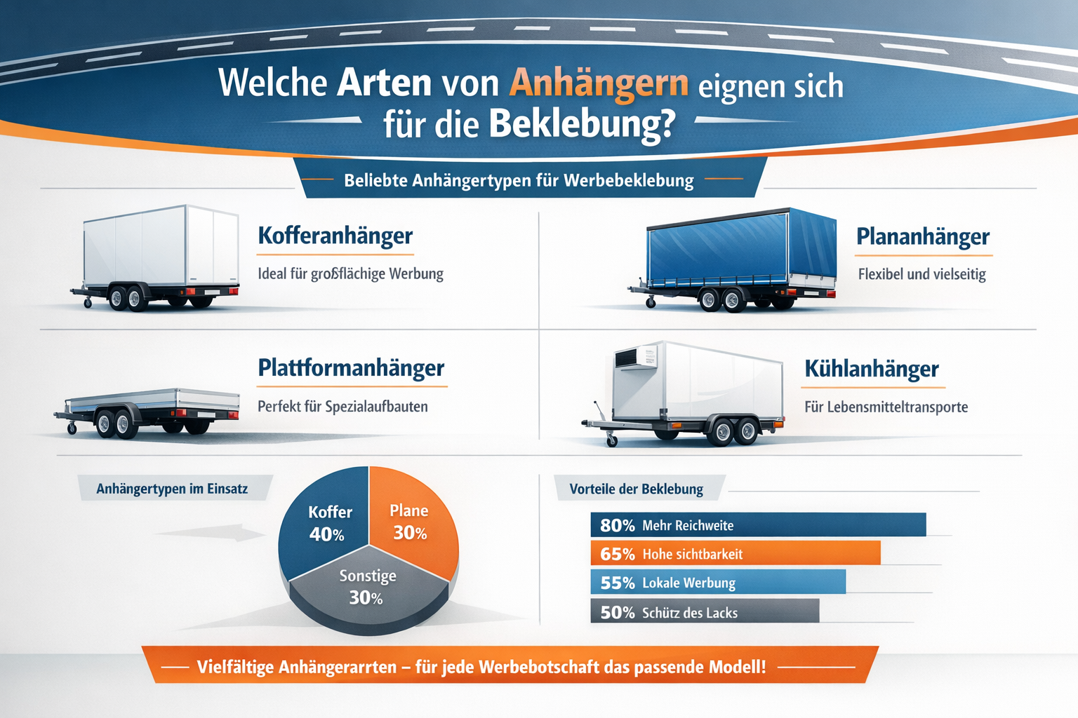 Professional infographic for article "Beklebung von Anhängern: Der komplette Guide für professionelle Fahrzeugwerbung 2026", section: "Welch