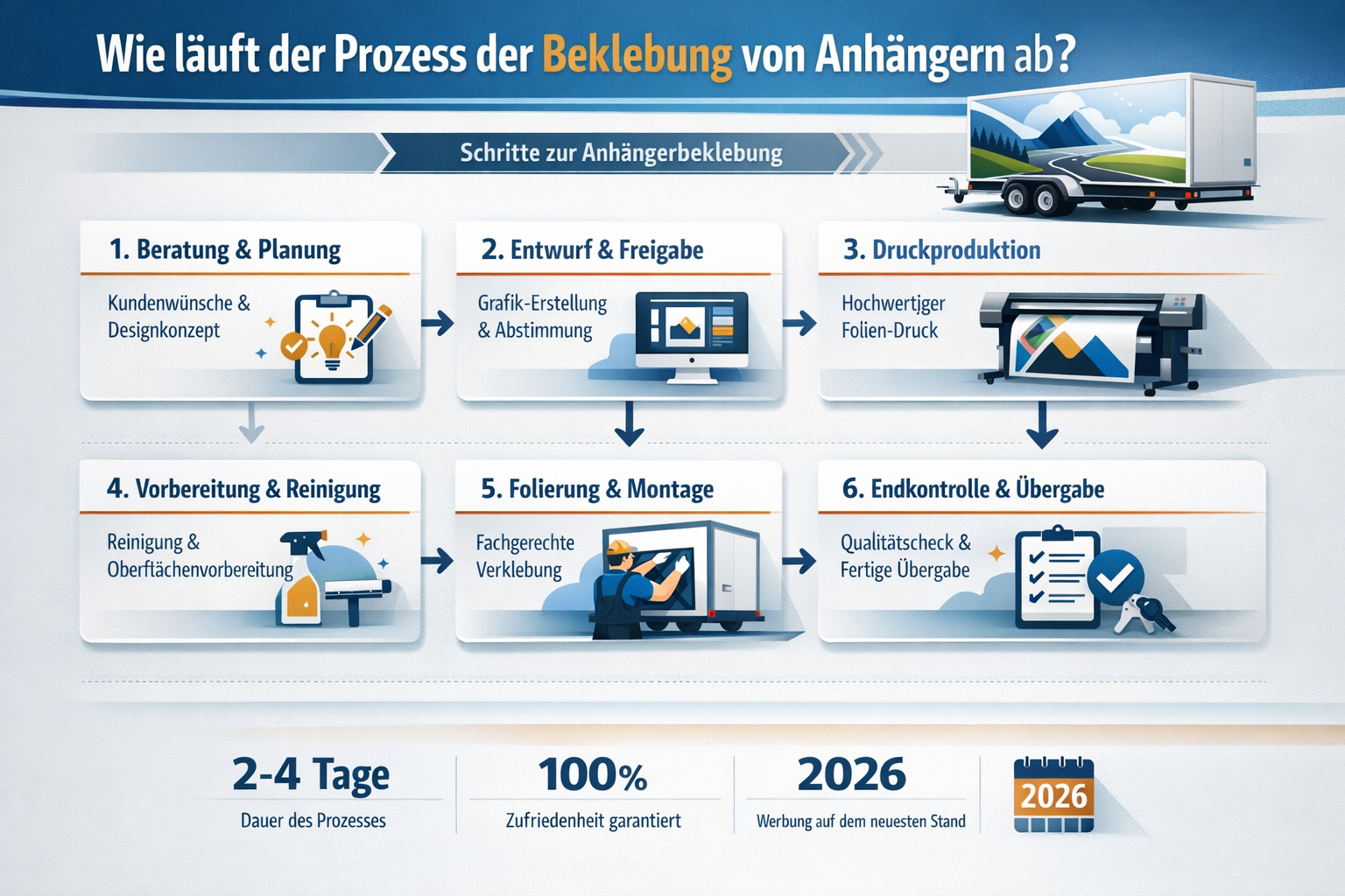 Professional infographic for article "Beklebung von Anhängern: Der komplette Guide für professionelle Fahrzeugwerbung 2026", section: "Wie l