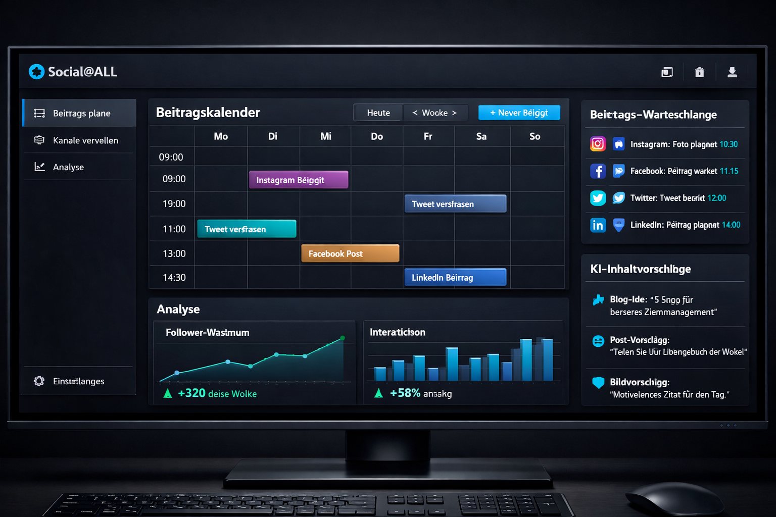 () close-up screenshot mockup of the Social@ALL platform dashboard interface displayed on a modern ultrawide monitor.