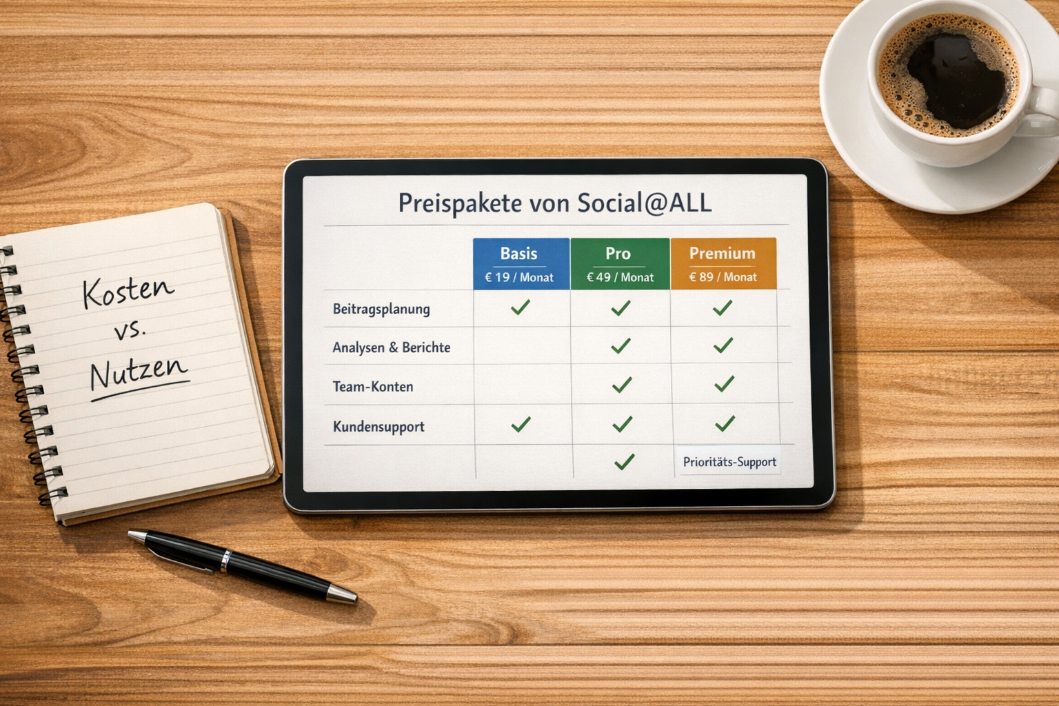 () overhead flat-lay composition showing a wooden desk with a tablet displaying a Social@ALL pricing table comparison chart,