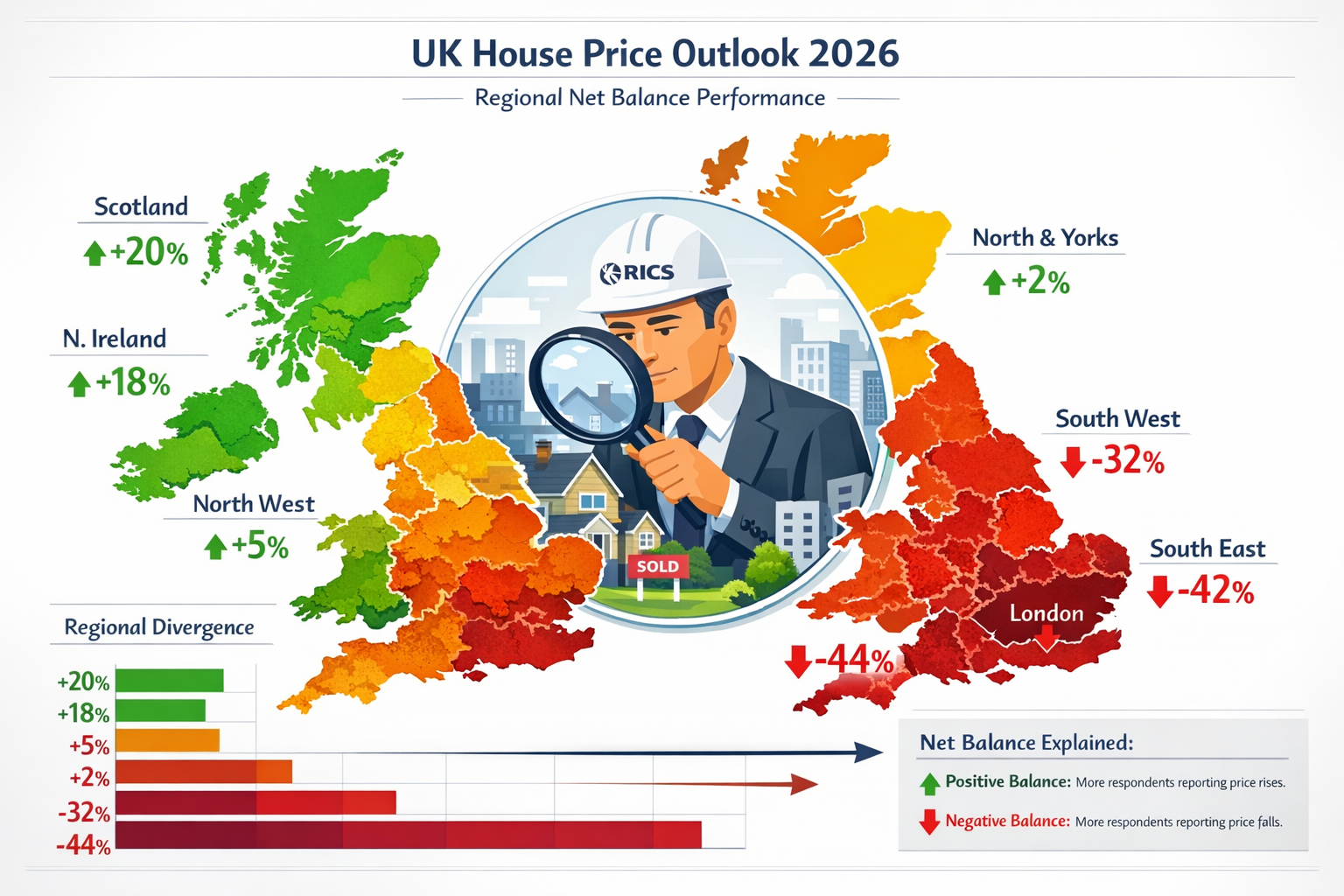 Landscape format (1536x1024) detailed infographic illustration showing UK map with color-coded regional house price performance zones for 20