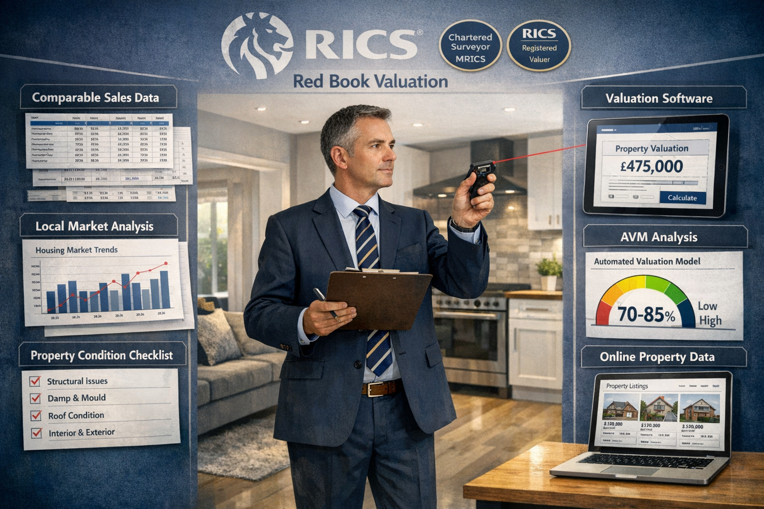 Landscape format (1536x1024) professional composition showing RICS Red Book valuation process in action. Central focus on chartered surveyor