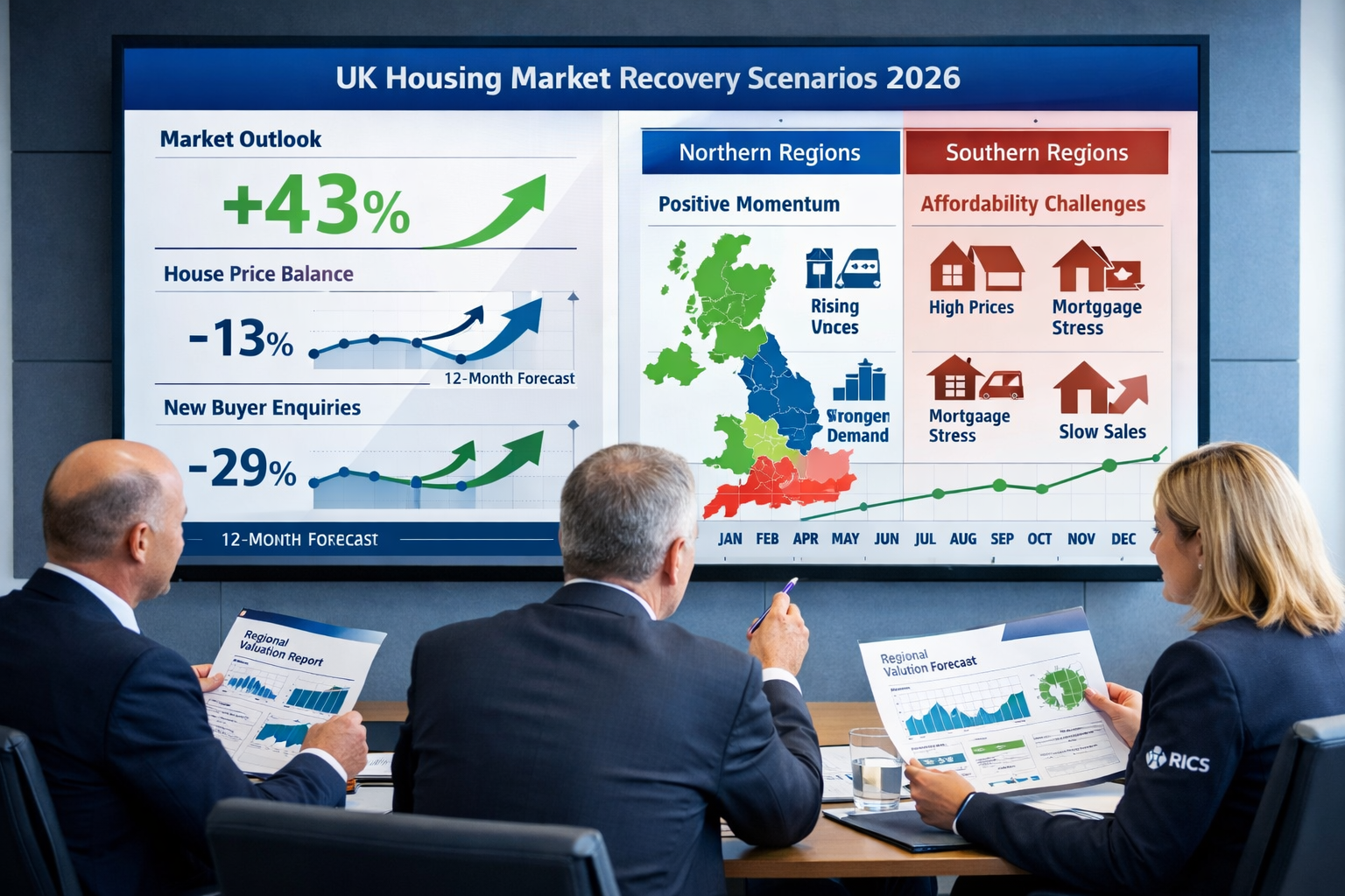 Landscape format (1536x1024) strategic planning visualization for 2026 UK housing market recovery scenarios. Foreground shows professional m