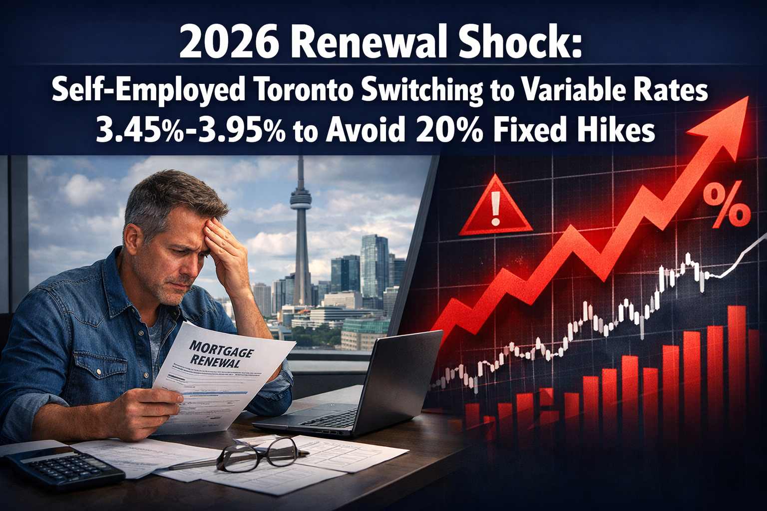 Professional () hero image with : '2026 Renewal Shock: Self-Employed Toronto Switching to Variable Rates 3.45%-3.95% to