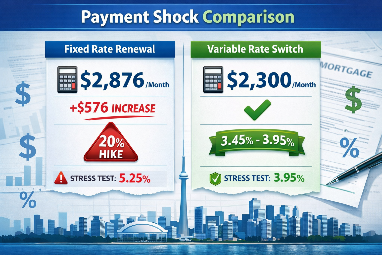 () detailed infographic showing payment shock comparison with two columns side-by-side: left column labeled 'Fixed Rate
