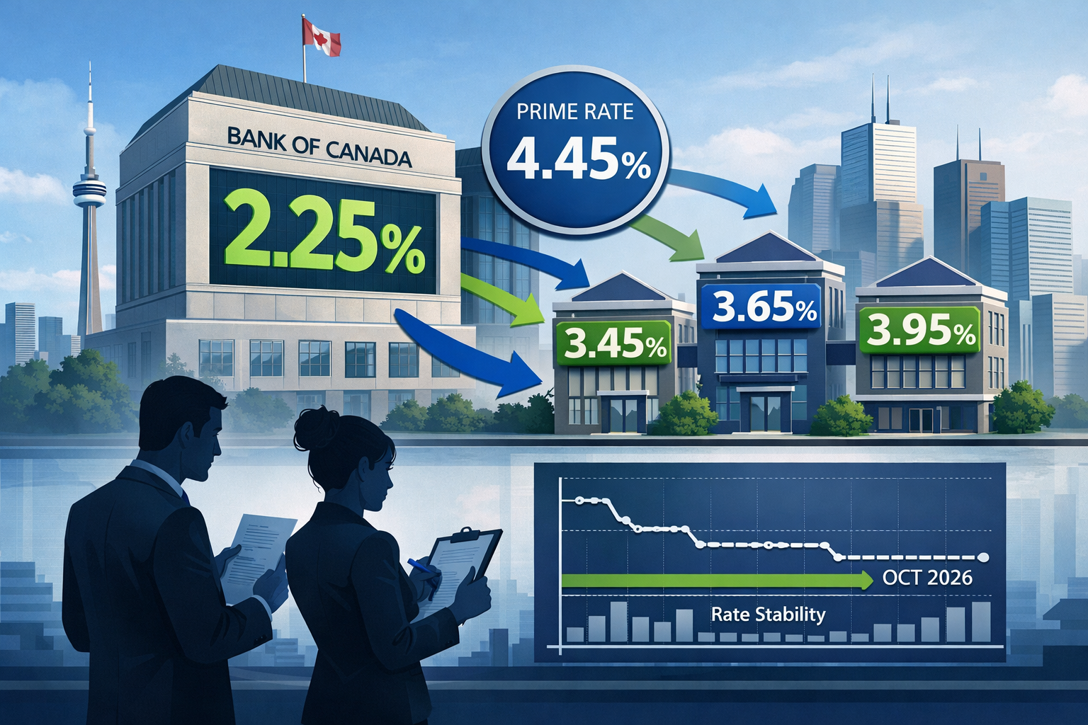 () conceptual illustration showing Bank of Canada building with large '2.25%' rate display prominently featured, connected