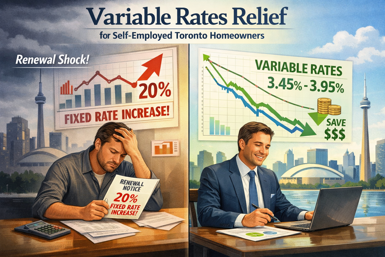 Editorial-style financial landscape visualization depicting 'Variable Rates Relief' for self-employed Toronto homeowners,