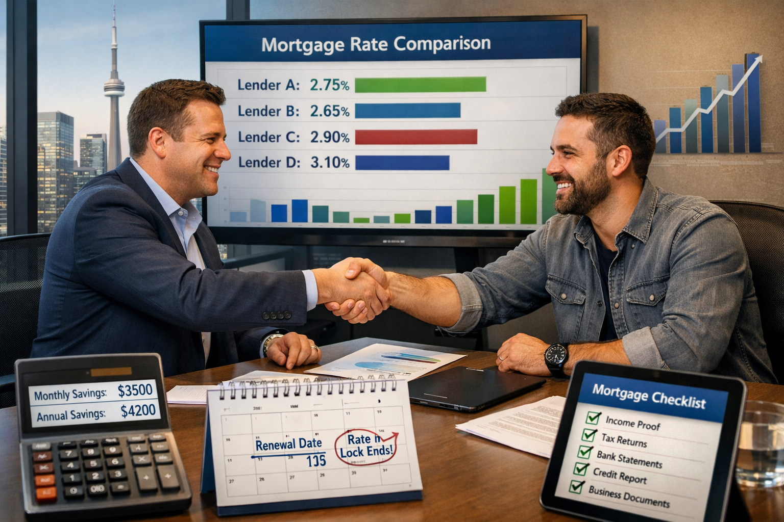 () strategic planning scene showing mortgage broker consultation with self-employed client in modern Toronto office, large