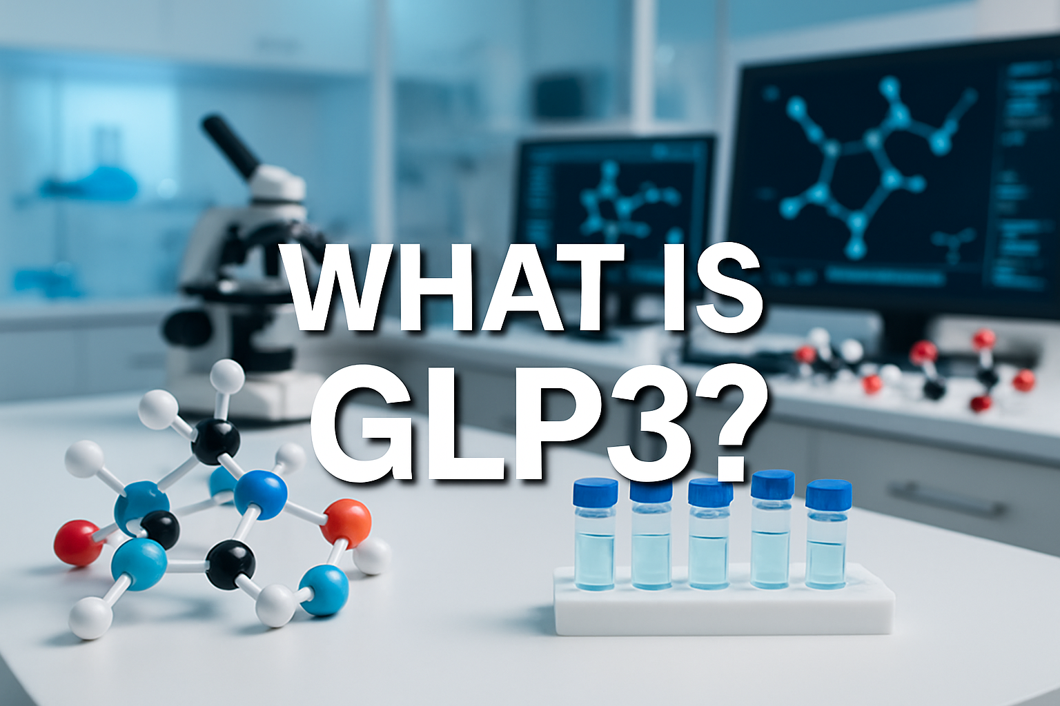 Professional landscape laboratory image (1536x1024) featuring bold white text overlay 'What is GLP3?' in 70pt sans-serif font with dark shad