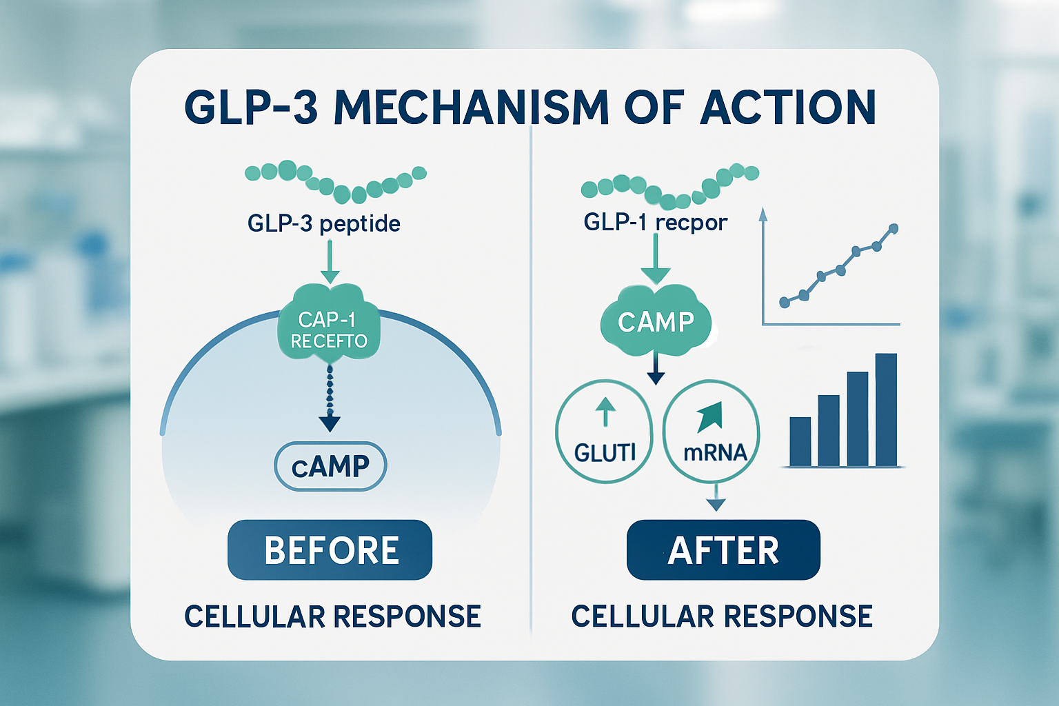 Comparative infographic showing GLP3 mechanism of action with cellular pathway diagrams, before and after cellular responses, molecular inte