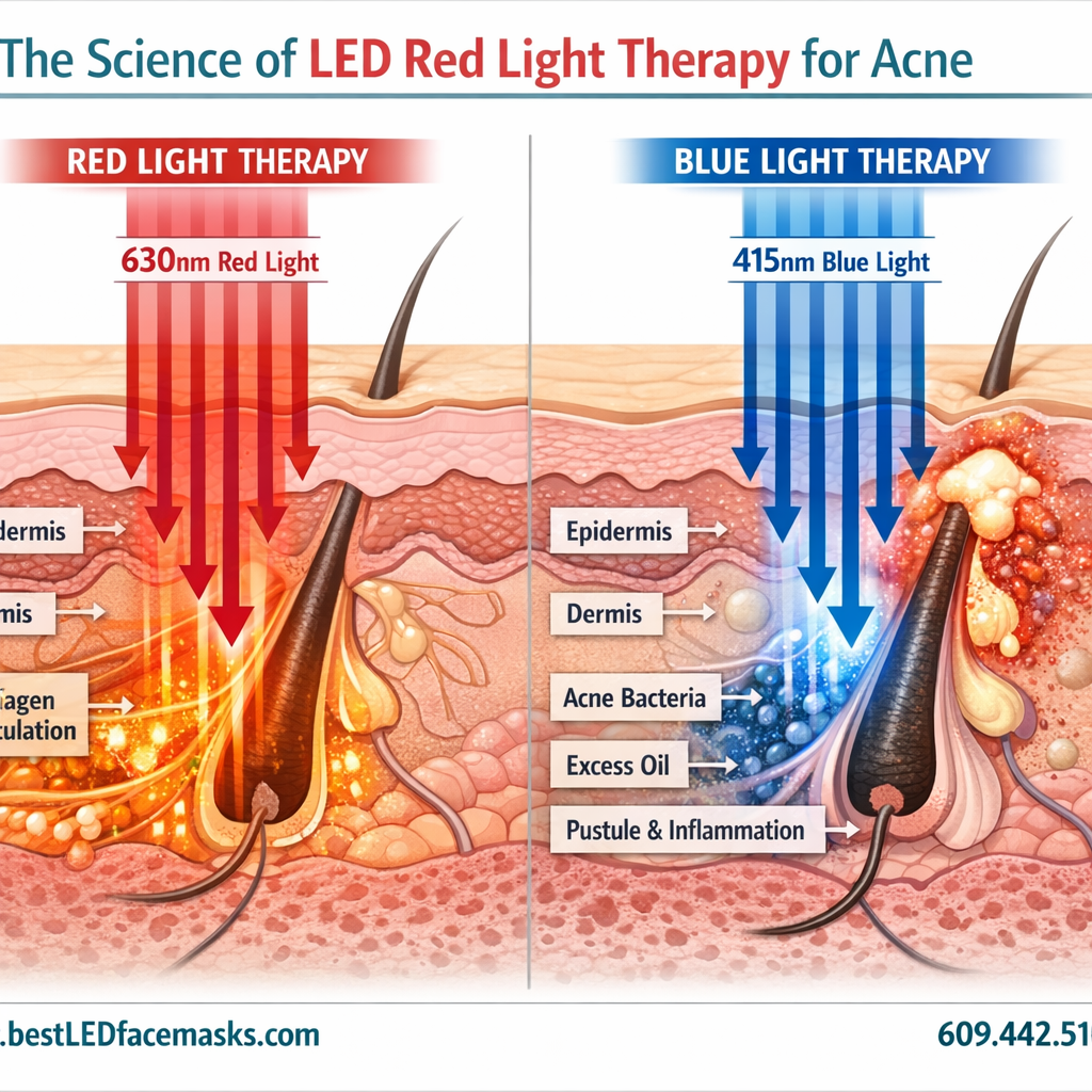 Detailed () editorial image showing the science of LED red light therapy for acne: split-screen diagram of skin