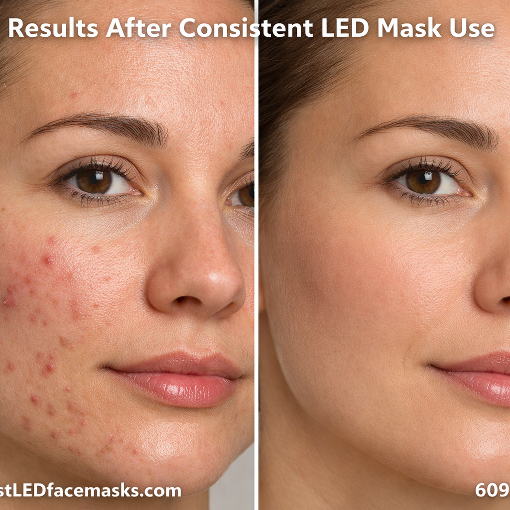 () close-up before-and-after split image of a woman's face showing acne reduction results from LED red light therapy mask