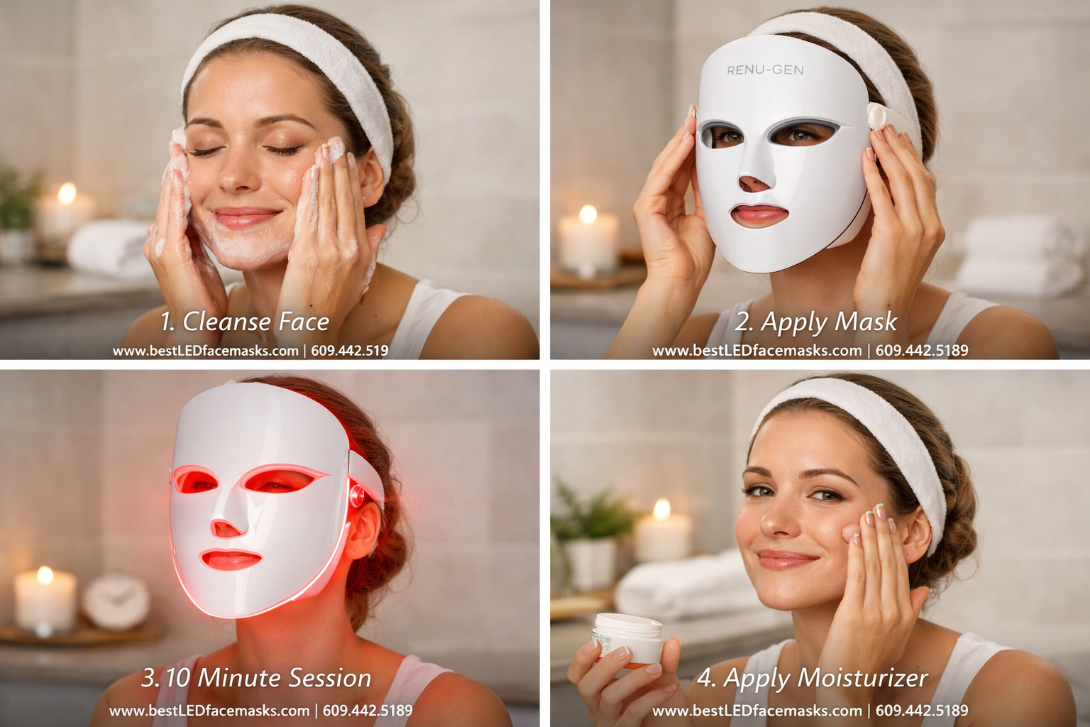 () instructional step-by-step visual guide showing a woman using the Renu-Gen LED face mask at home: four sequential panels
