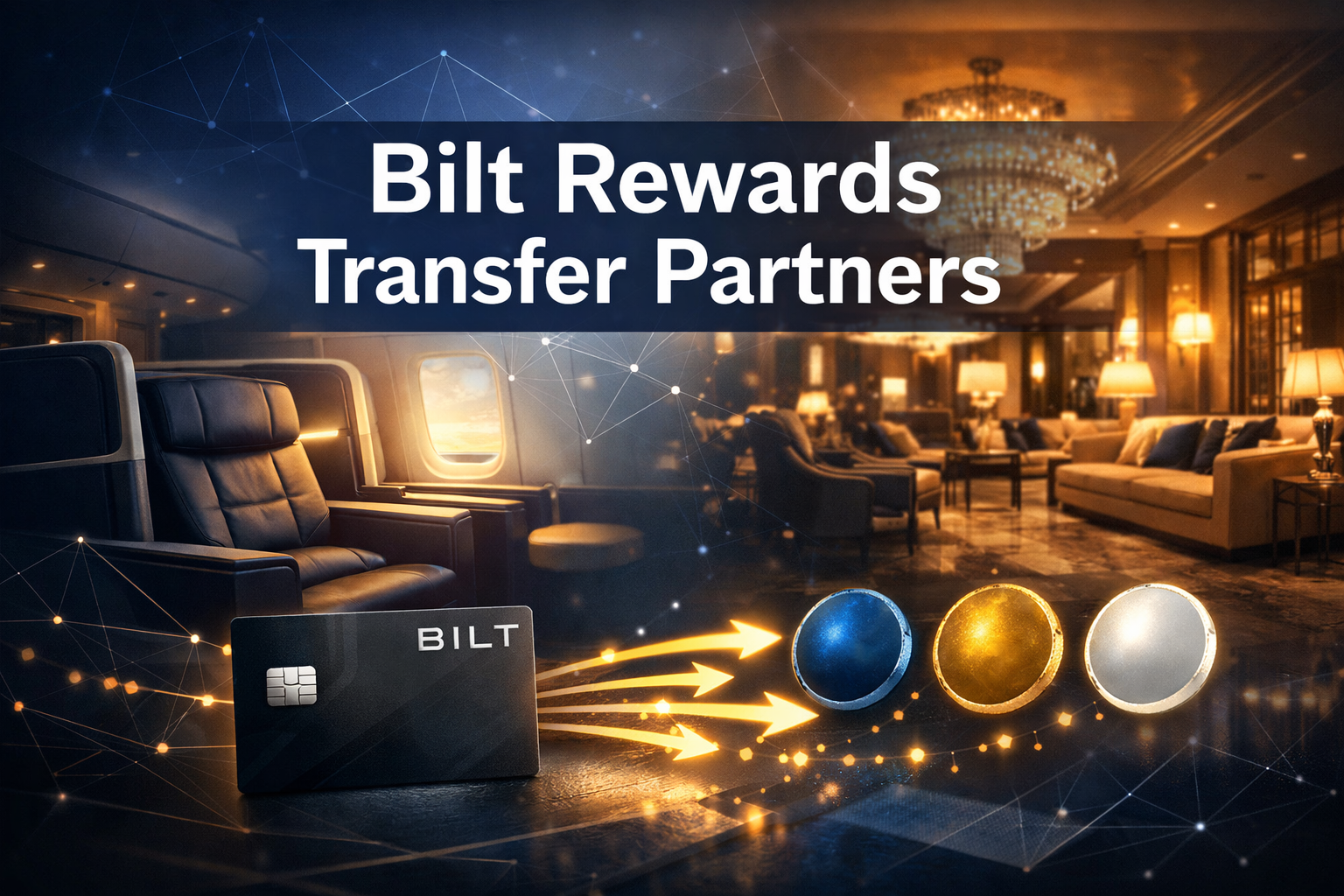 Professional landscape hero image (1536x1024) featuring bold text overlay 'Bilt Rewards Transfer Partners' in extra large 70pt white sans-se