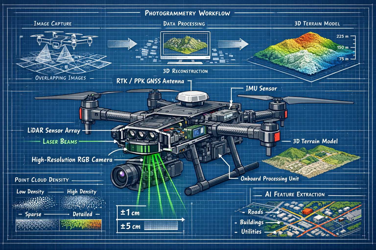 Detailed landscape format (1536x1024) technical illustration showing cutaway view of professional survey-grade drone with labeled components