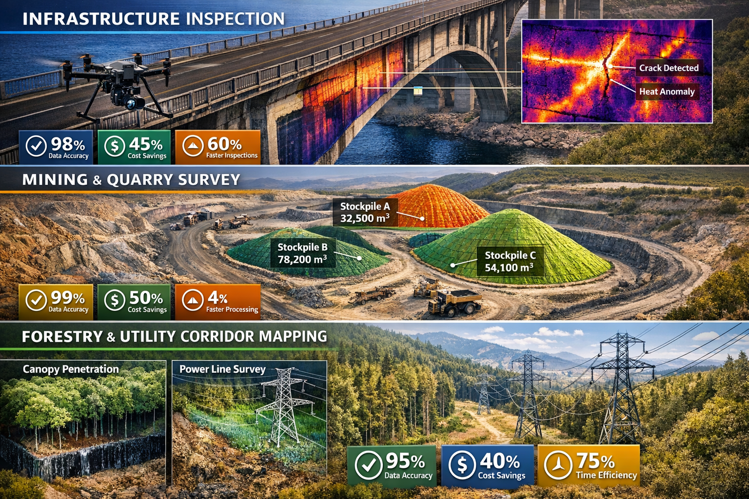 Detailed landscape format (1536x1024) composite image showing real-world drone surveying applications across multiple industries. Top sectio