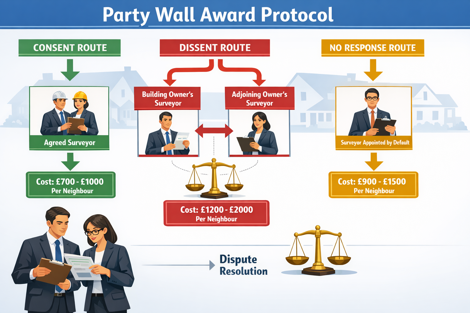 Professional () infographic-style image displaying party wall award protocol flowchart with three distinct pathways: consent
