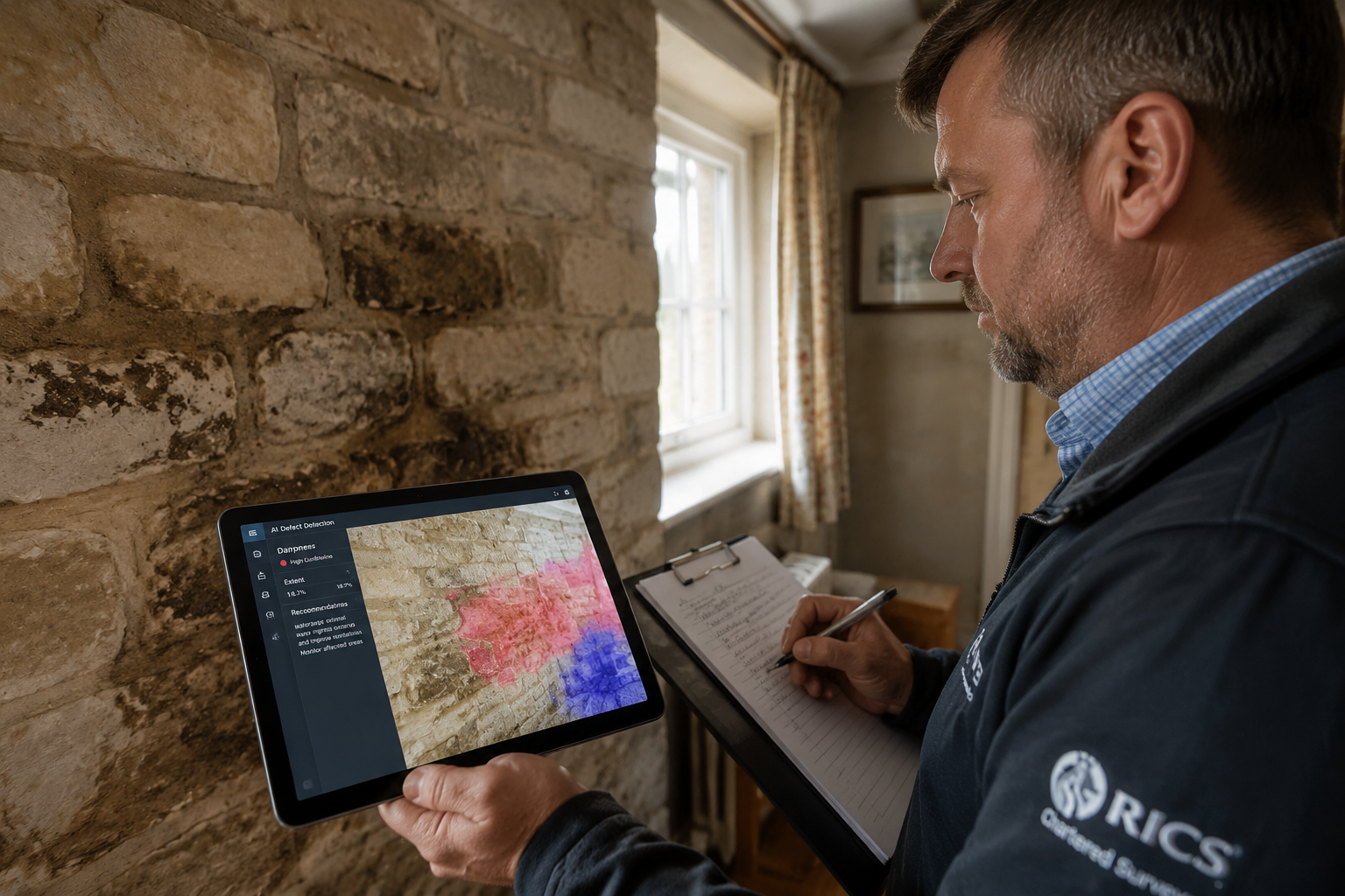 Close-up editorial photograph of a UK building surveyor standing inside a period property conducting a Level 3 building