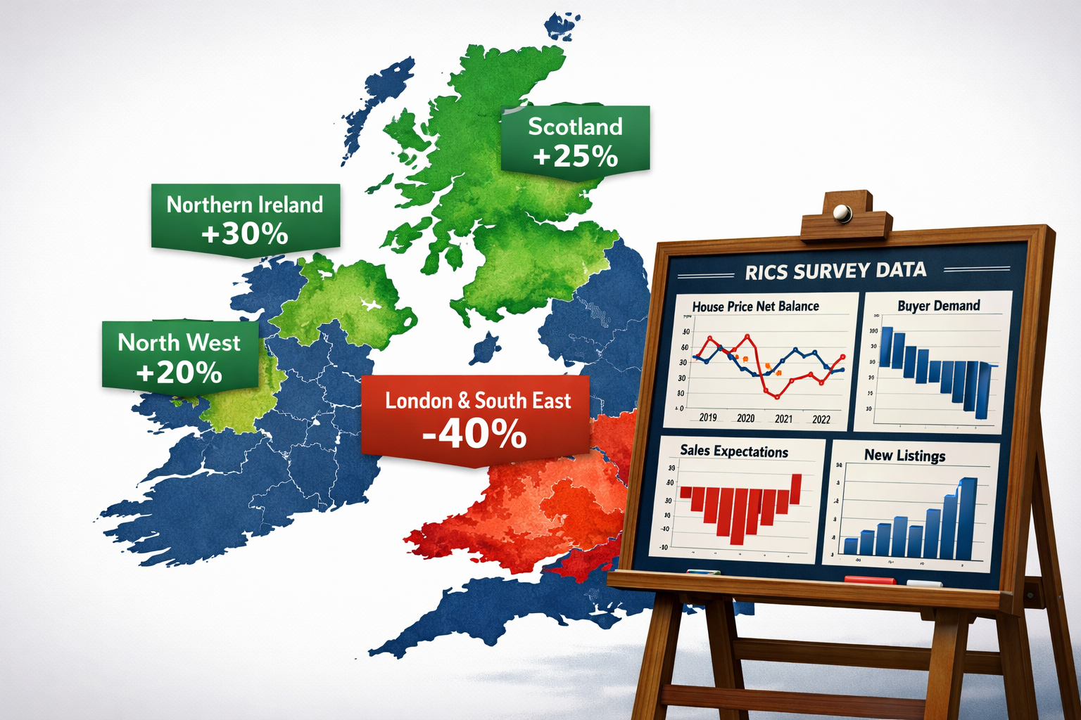Wide-angle editorial illustration showing a UK map with heat-map : deep red zones over London and South East indicating