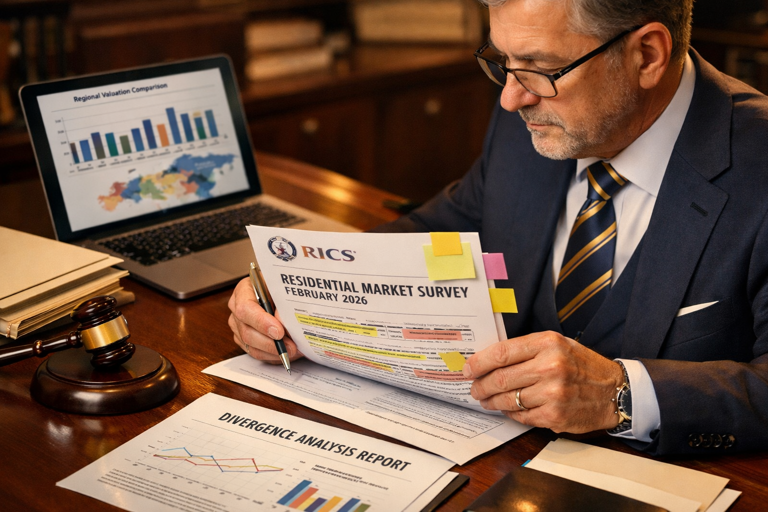 Close-up editorial photograph of a professional expert witness surveyor in formal attire sitting at a polished mahogany